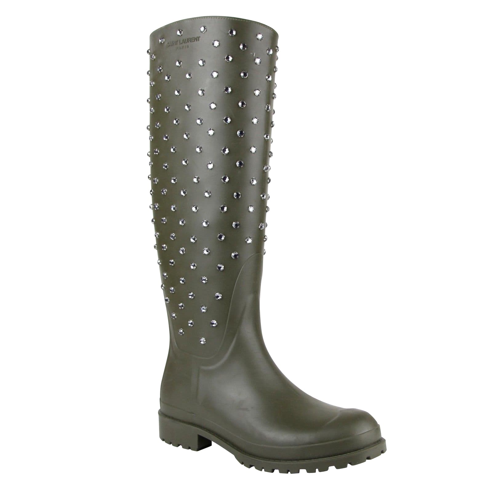 Black Rubber Women Rain Boots With Crystal Studs