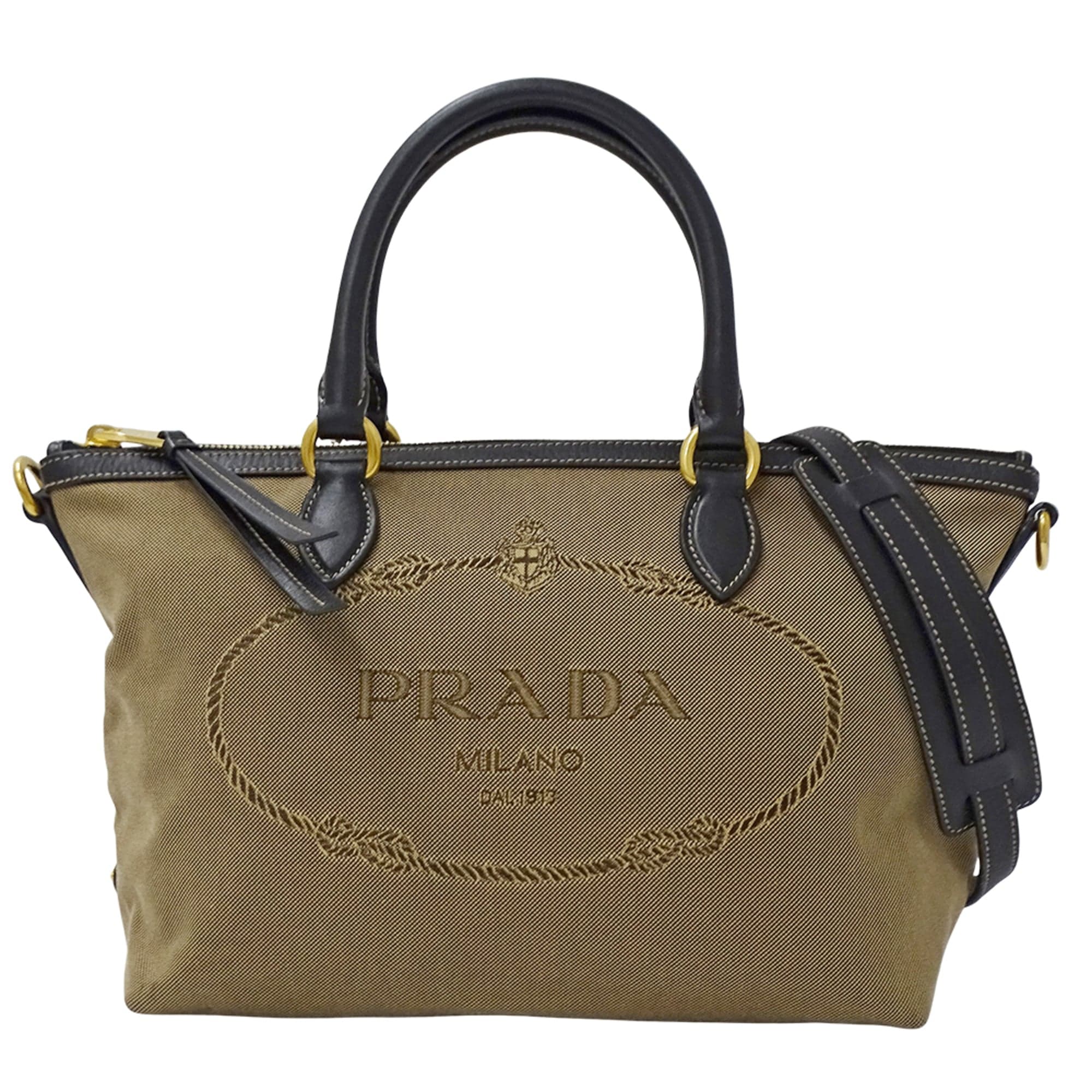 Beige Black Canvas Handbag Shoulder Bag Tote Bag