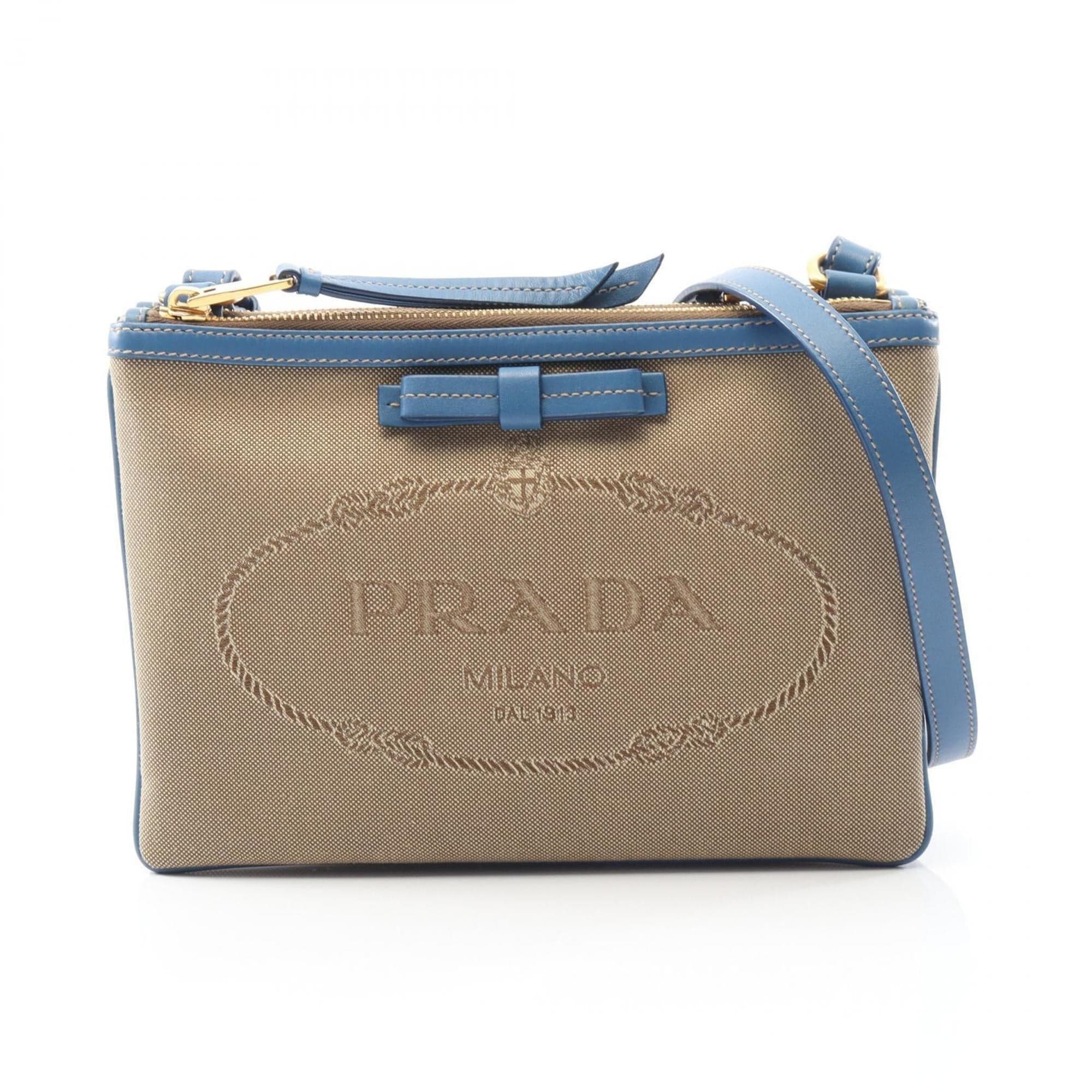 Beige Blue Canvas Leather Shoulder Bag