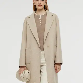 Wool Cashmere Herringbone Women Mid Length Coat Dusty